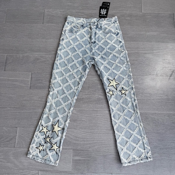 NWT Supermade High Rise Star Patch Rhombus Distressed Denim Straight Leg Jeans L - Picture 2 of 16